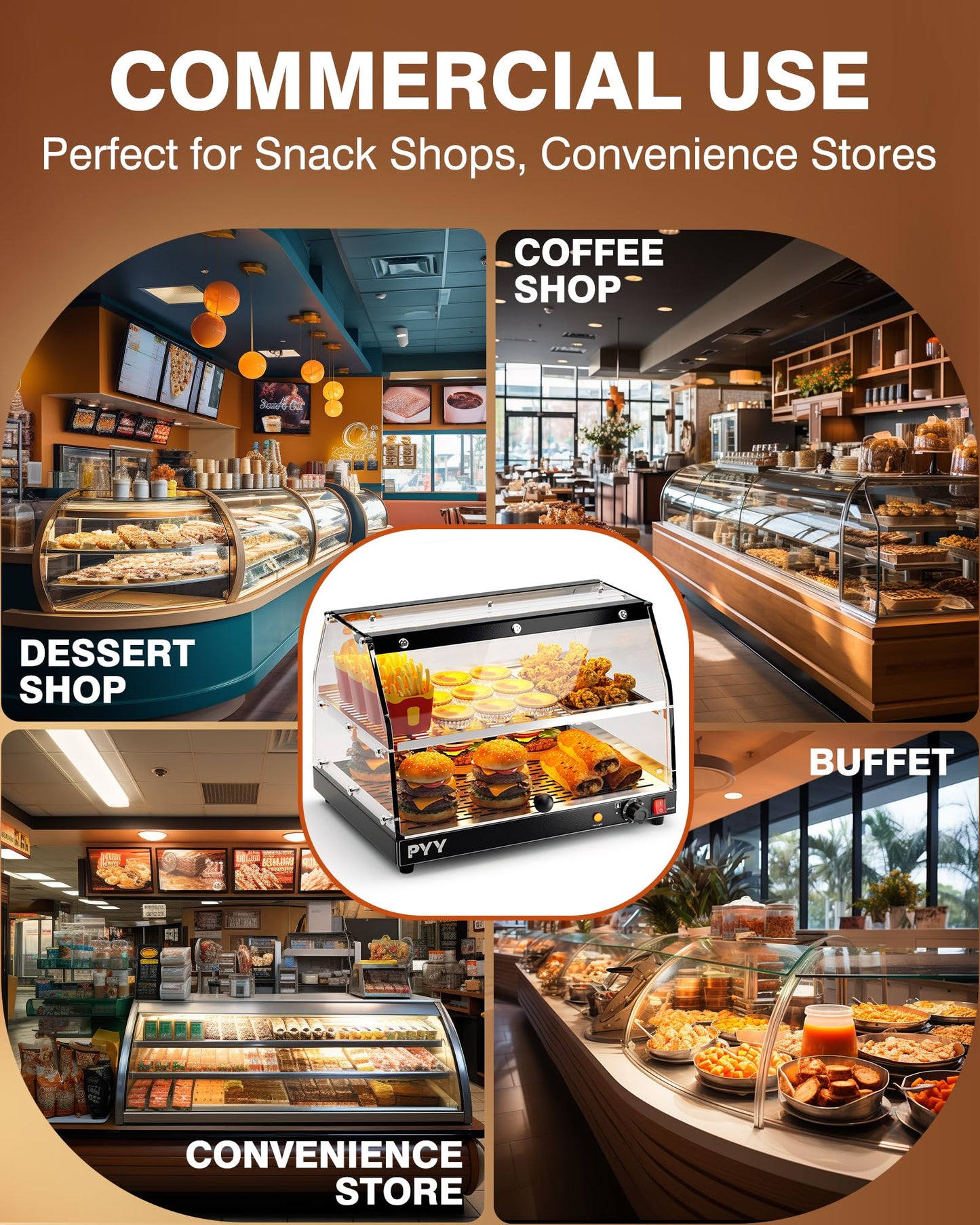 PYY Commercial Food Warmer Display, 2-Tier Electric Countertop Food Warmer with LED Lighting Adjustable Glass Door, Pastry Display Case for Restaurant Black
