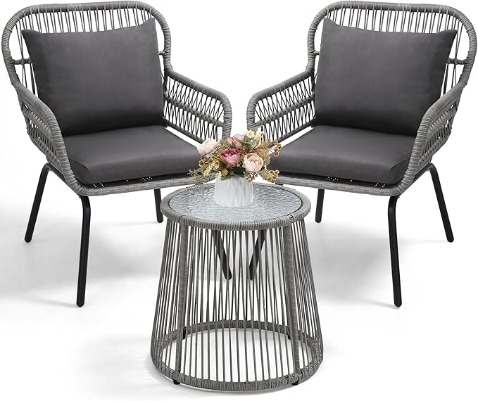 wildformers 3 Pieces Rattan Wicker Bistro Set, Outdoor Conversation Set, Wicker Rattan Furniture Set with Glass Top Table, Space Saving for Balcony, Backyard, Grey