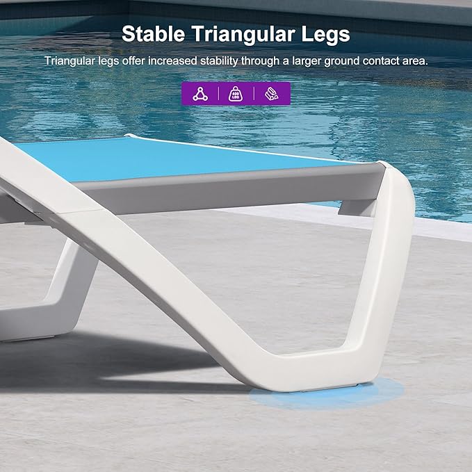 PURPLE LEAF Patio Chaise Lounge Chair Set of 3 Outside Aluminum Plastic Stackable Tanning Chairs with Armrests and Side Table for Pool Sunbathing Beach Deck Outdoor Lounger, Turquoise Blue