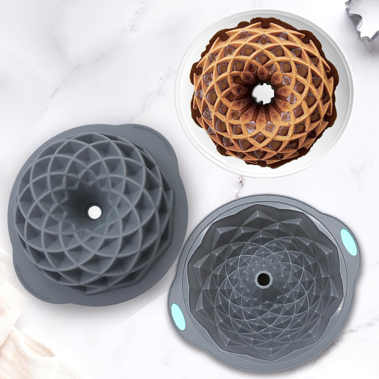 Tongjude 4 Pieces Silicone Fluted Cake Pans, 10/12 Cups Tube Baking Pan, Silicone Molds for Homemade Cake, Bread and Jello, Non-Stick, Grey