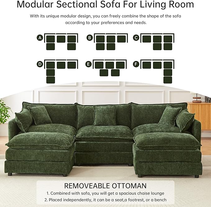 saows Modular Sectional Sofa, 112.2 Inch U Shaped Couch Set with Armrests, 3-Seater Comfy Cloud Couches for Living Room Apartment, Green