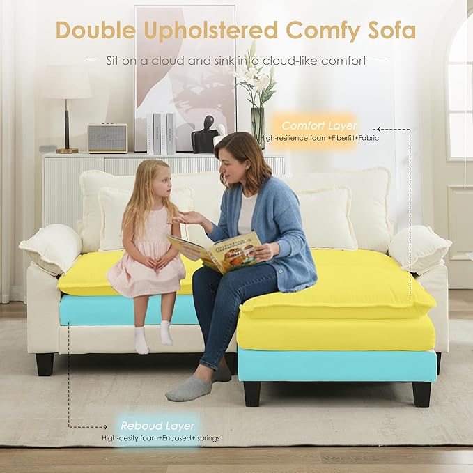 URRED Cloud Couch Modular Sectional Sofa, 87" Modern L Shaped Deep Seat Sofa with Ottoman & Pillows, Ultra Comfy Chenille Couches for Living Room, Bedroom or Apartment, White | Chenille Fabric, Skin Friendly, Breathable, Ergonomic Design, Flexible Modular