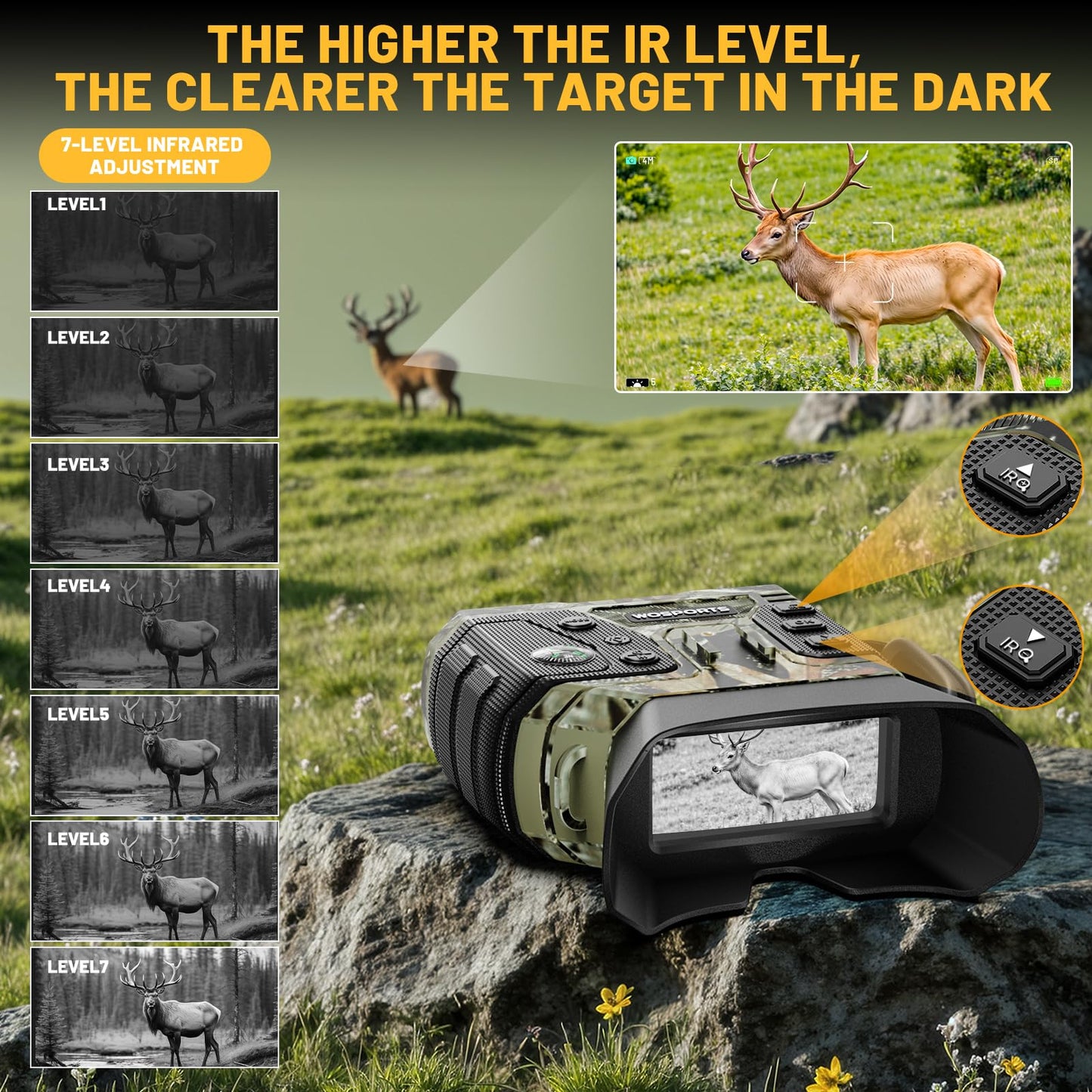 WOSPORTS 4K Night Vision Goggles with 1300FT Range, 8X Digital Zoom, 32GB Card, 15H Rechargeable Battery – Camo Design for Camping, Ideal Gift for Men