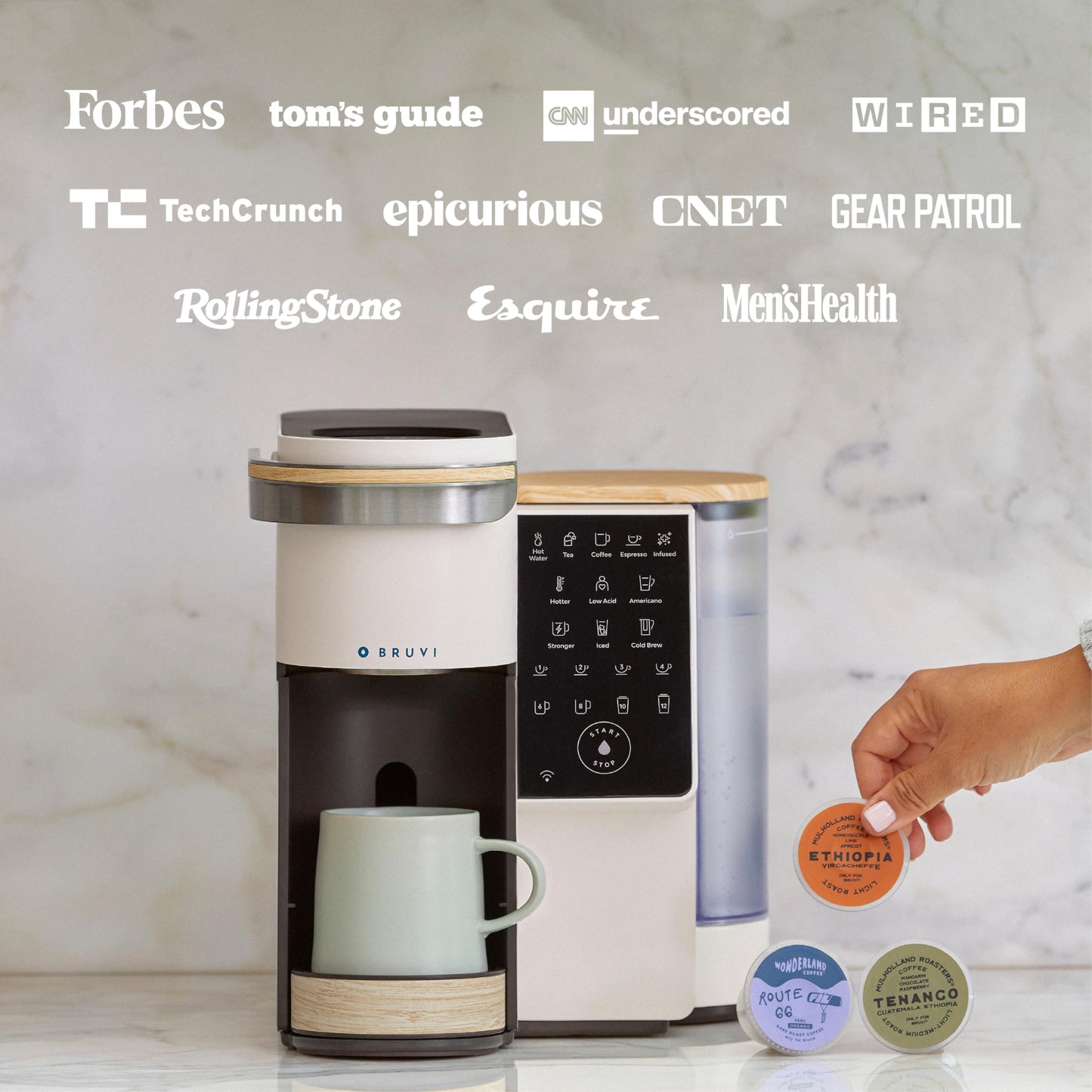BRUVI Single-Serve Coffee Maker Bundle | Brews Coffee, Espresso, Cold Brew, Matcha Green Tea & More | Includes Brewer + 20 Dark Roast Pods | Touchscreen, WiFi, 70 oz Tank | Cream