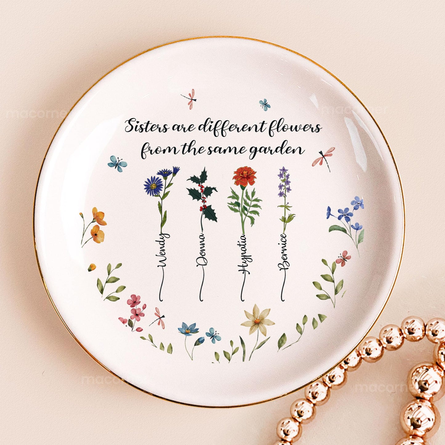 Macorner Personalized Jewelry Dish Gifts, Sisters Are Differents Flowers Custom Birth Flowers, Soul Sister Friend Gifts for Women Girls Presents