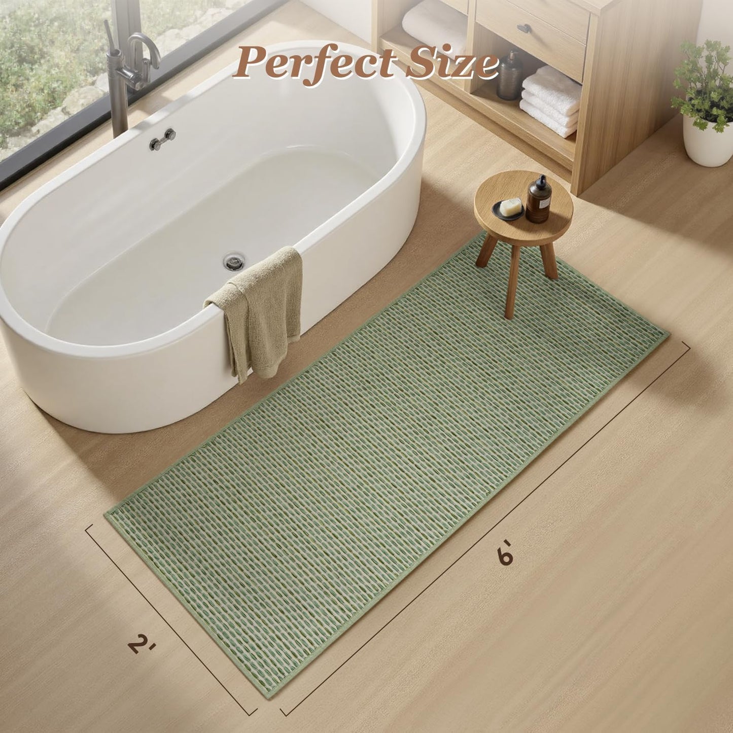 AMOAMI Unique Woven Bathroom Runner Rug, Super Absorbent Non Slip Bath Mats for Bathroom Textured Bathroom Mat Quick Dry Boho Rugs Runners for Hallyways Kitchen Bedroom Beside Tub, 2' x 6', Sage