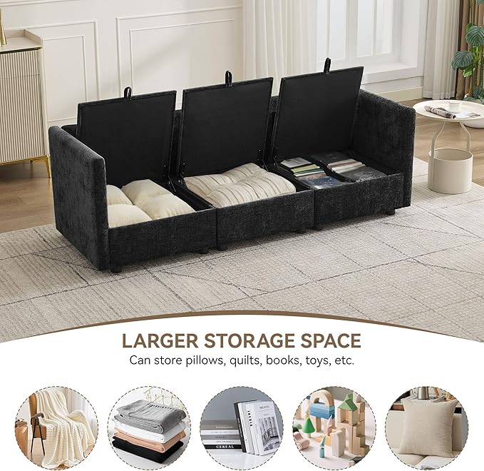 80" Cloud 3 Seater Sectional Modular Couch with Storage, Upholstered Storage Sofa Modern Couch Deep Seat, Chenille Convertible Sofa Comfy Couches with Armrests for Living Room, Small Space, Black