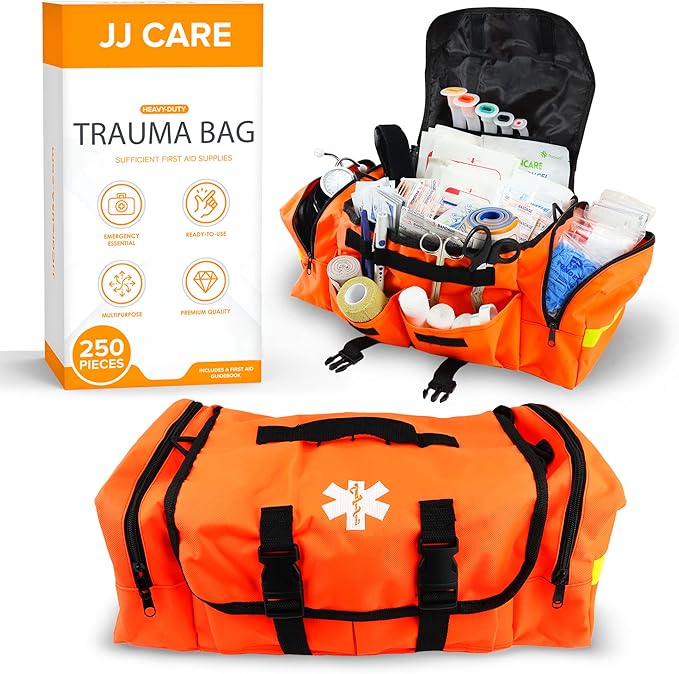 JJ CARE Trauma kit 250PCS First Responder Kit, EMT Bag with Padded Strap, Reflective Medical, Multiple Pockets, EMS First ...
