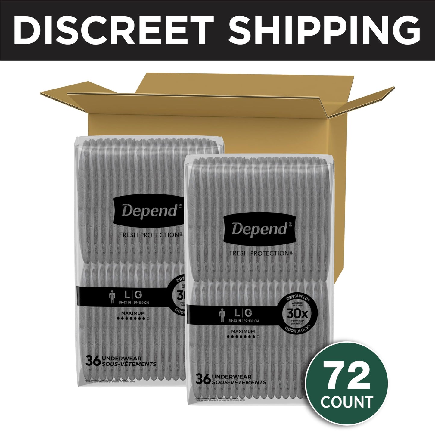 Depend Fresh Protection Adult Diapers, Incontinence Underwear for Men, Disposable, Maximum, Large, Grey, 72 Count (2 Packs of 36), Packaging May Vary