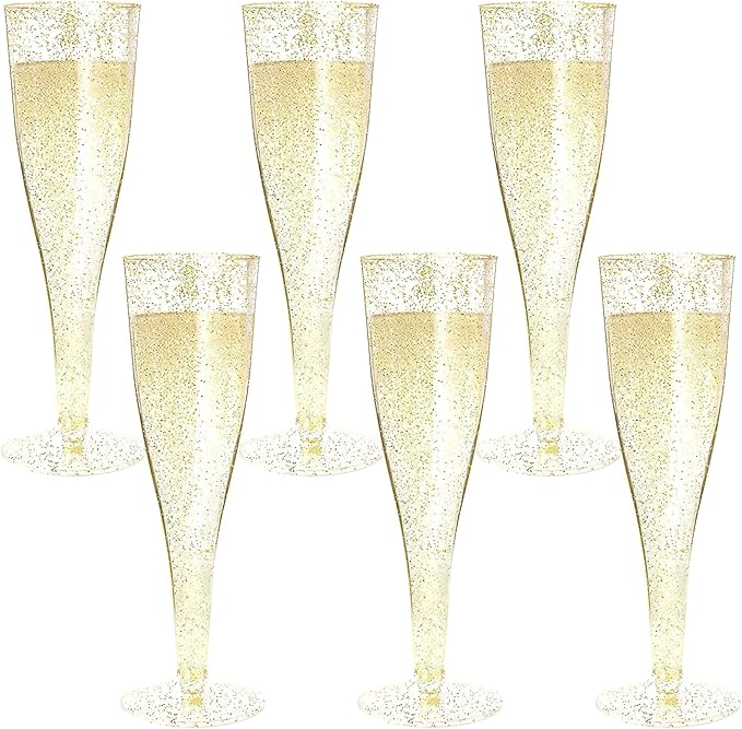 MR.FOAM Disposable Gold Glitter Champagne Flutes, 6PC Plastic Glasses for Parties, Toasting, Mimosa, Wedding and Shower Su...