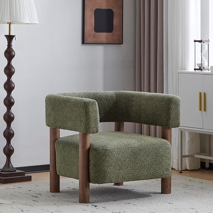 Christopher Knight Home Carly Low Profile Accent Chair, Round Backrest Side Chair, Living Room Armchair with Boucle Fabric Cushion,Comfy Reading Chair for Bedroom,Wooden Single Lounge Sofa,Olive Green