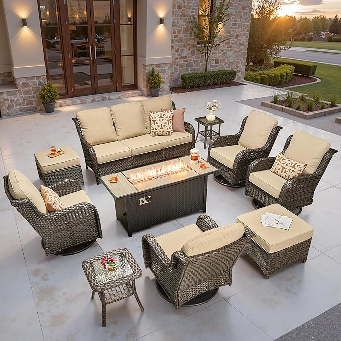ovios 10 Pieces Patio Furniture Set, Outdoor Wicker Sofa Couch with Swivel Chairs 54" Fire Pit Table, High Back Modern All Weather Conversation Sets, Brown Rattan, Beige