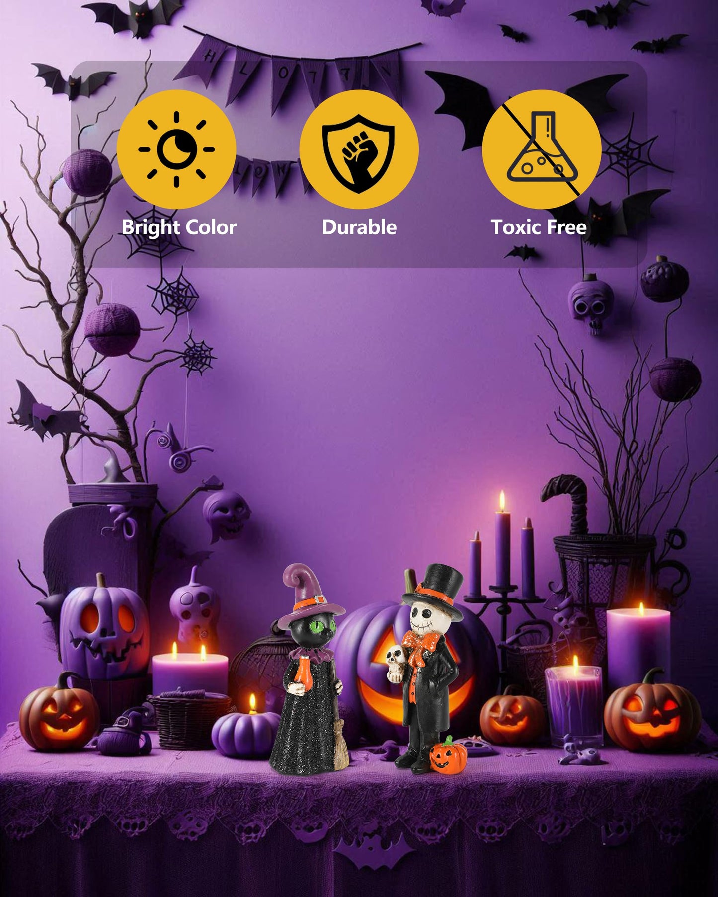 GoGnome Cute Halloween Decor - 2-Pack 4.5'' Resin Skeleton Gentleman and Witch Broom Figurines - Indoor Halloween Decorations for Home Mantle Fireplace Party Gifts (Ghost & Witch)