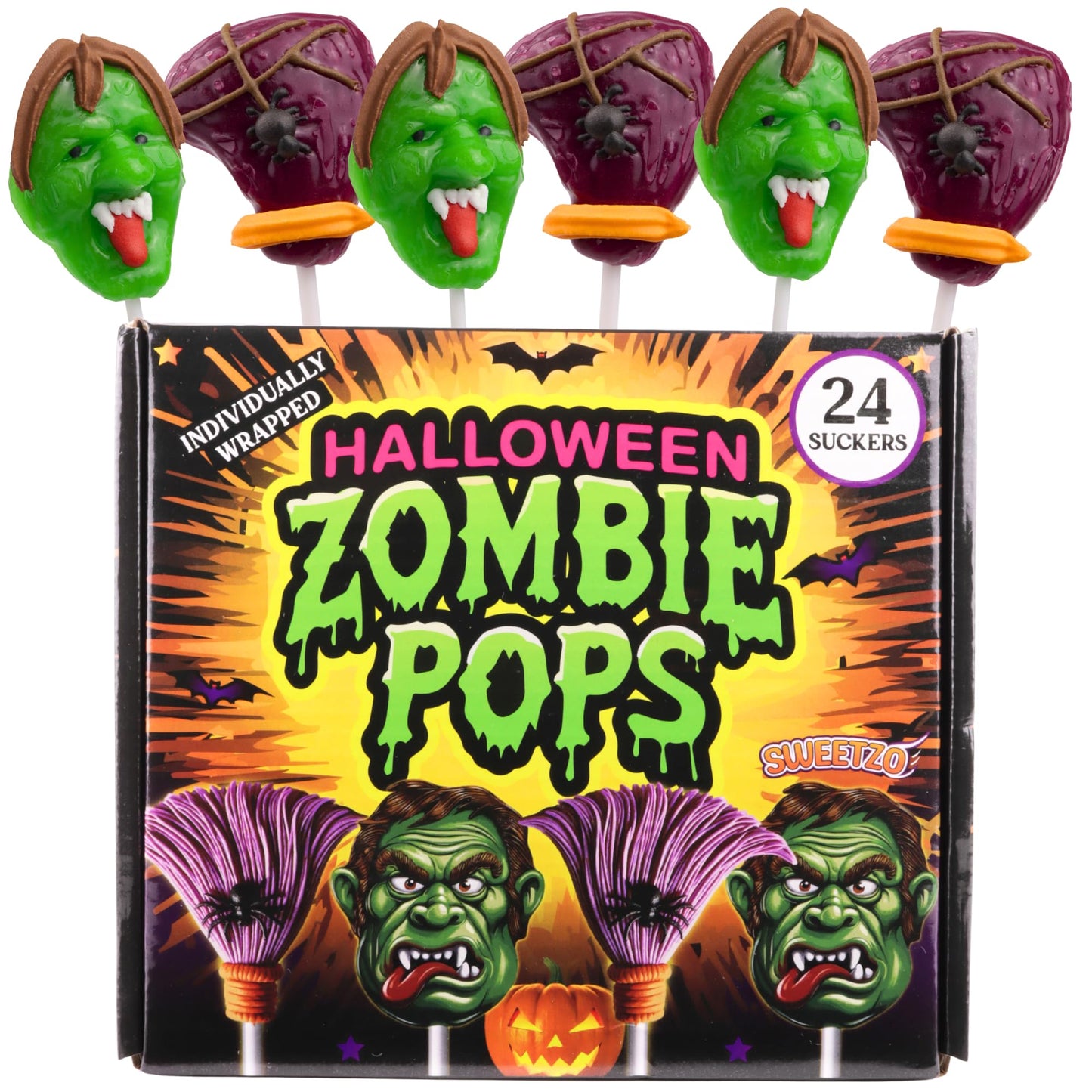 Halloween 2025 Zombie Lollipops Pops, Individually Wrapped Spooky Suckers, Green Apple and Watermelon Flavored, Trick or Treat Candy, 24 Count