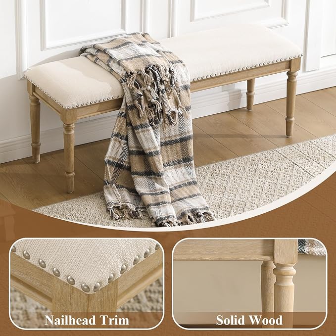 DM Furniture 46'' French Country Entryway Bench Wooden Linen Fabric Upholstered Seat Dinng Bench with Nailhead Trim for Hallway End of Bed, Beige