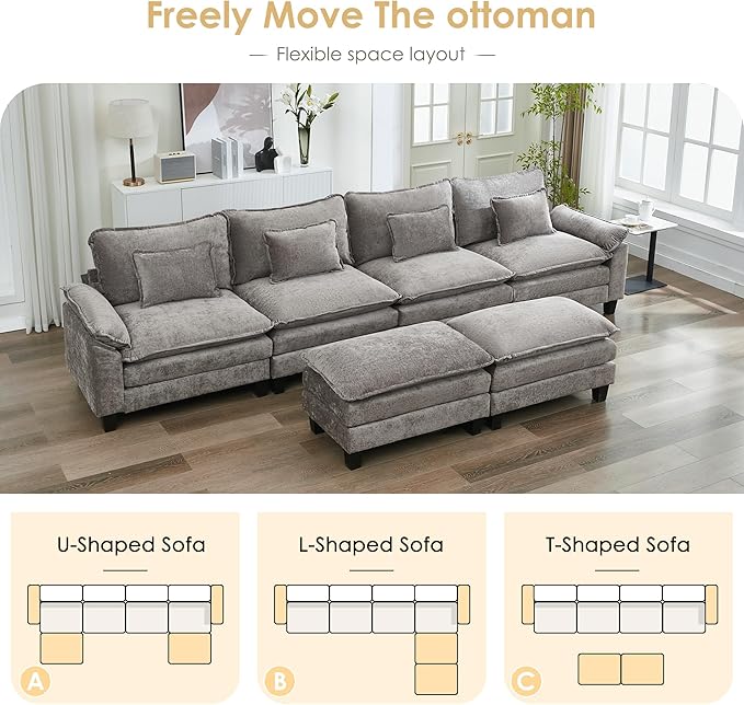 URRED Cloud Couch Modular Sectional Sofa, 157" Modern U Shaped Deep Seat Sofa with 2 Ottomans & Pillows, Ultra Comfy Chenille Couches for Living Room, Bedroom or Apartment, Gray