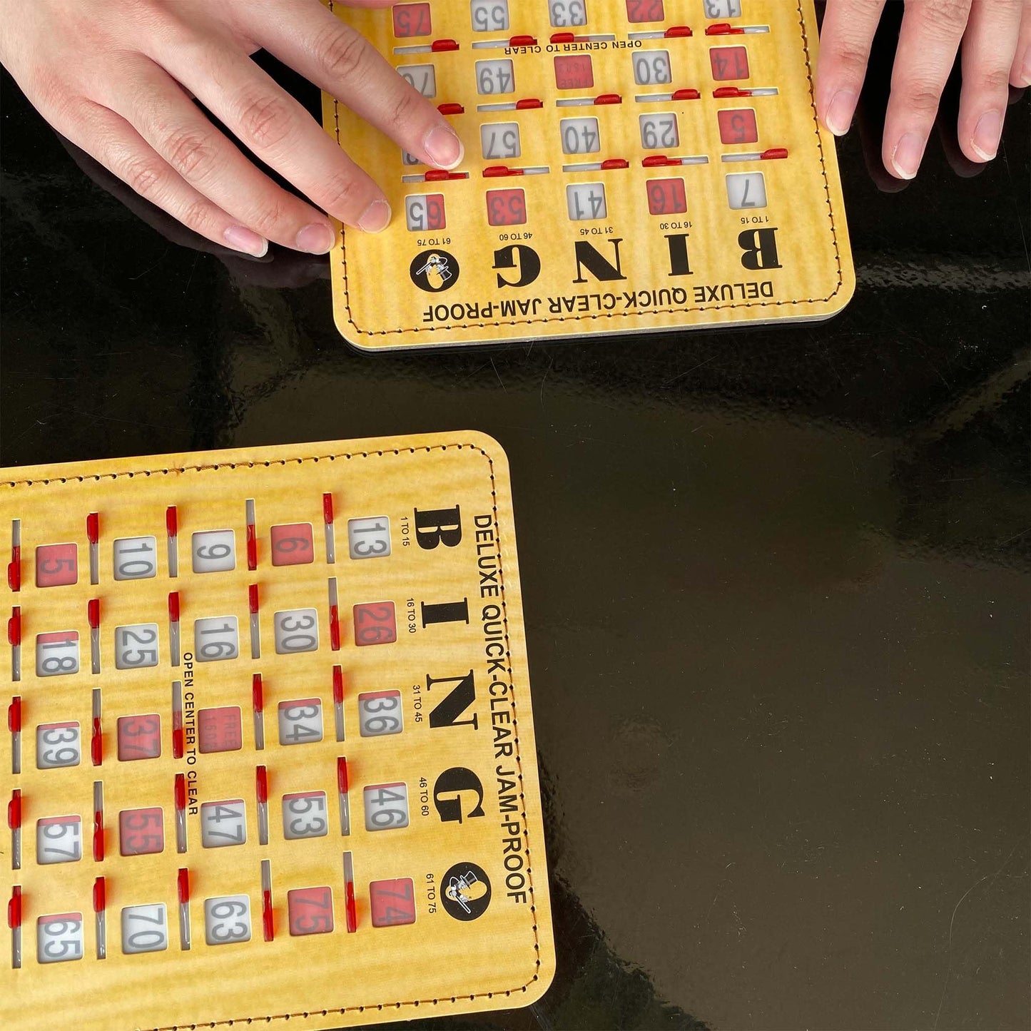MR CHIPS Jam-Proof Quick-Clear Deluxe Fingertip Slide Bingo Cards with Sliding Windows 50 Pack in Woodgrain Style