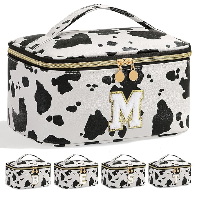 Meiyuuo Makeup Bag Large Cosmetic Bags for Women Girls Cute Travel Zipper Pouch Toiletry Organizer for Beauty Essentials Waterproof (Cow Print Initial Letter M)
