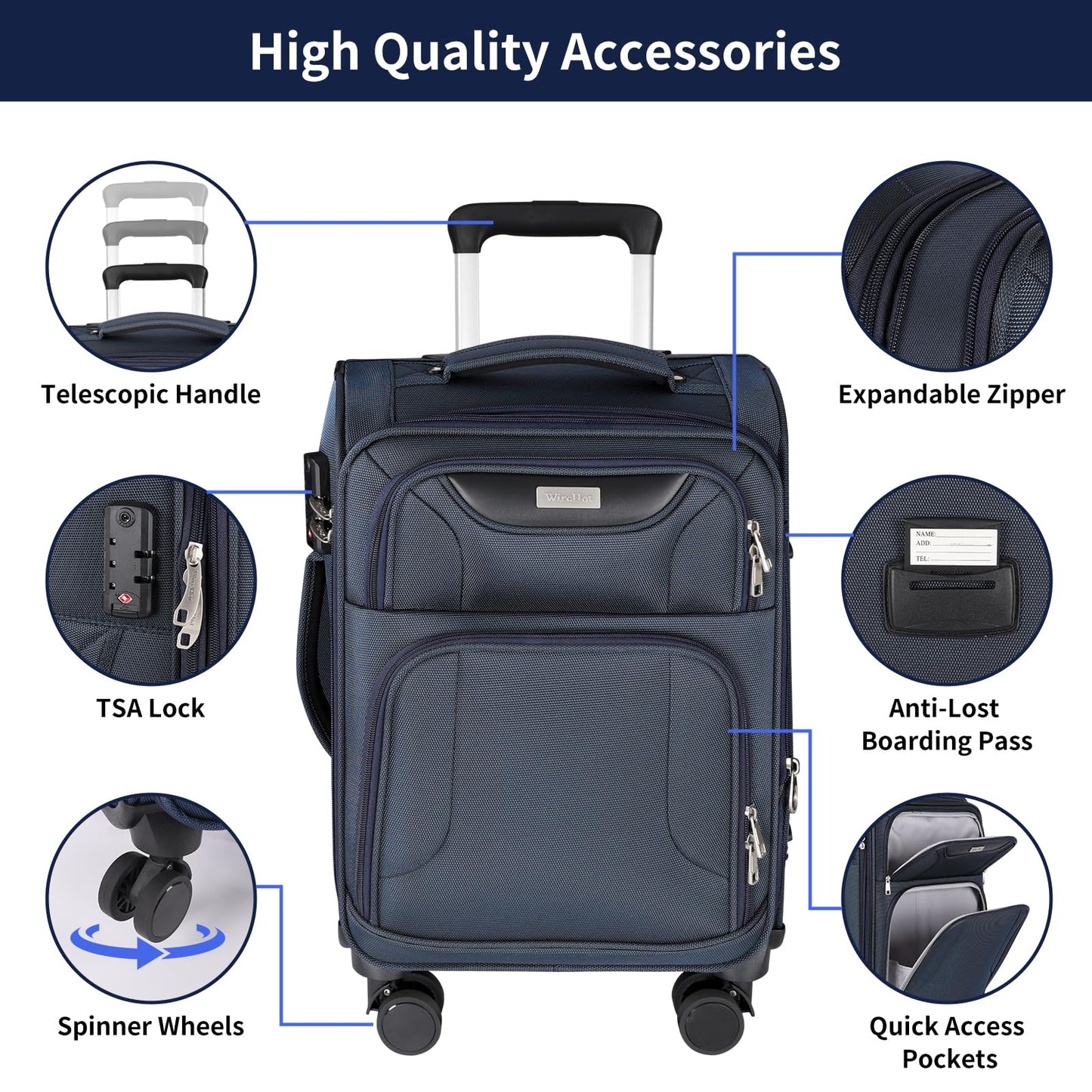 WireHot 3-Piece Softside Expandable Luggage Set with Front Open Pocket, Lightweight and Durable Oxford Fabric Suitcase Set with TSA Lock (Blue, 20in/24in/28in)
