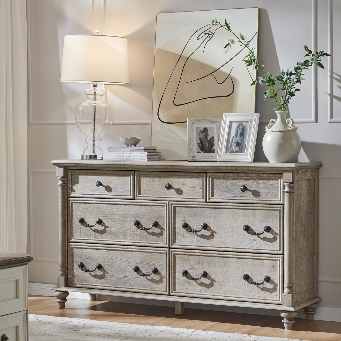 T4TREAM Farmhouse 7 Drawers Dresser Chests for Bedroom w/ 4 Solid Wood Feet & Column Decor, Tall Wide Wood Country Rustic Chest of Drawers, Storage Dressers for Bedroom, Living Room, Light Rustic Oak