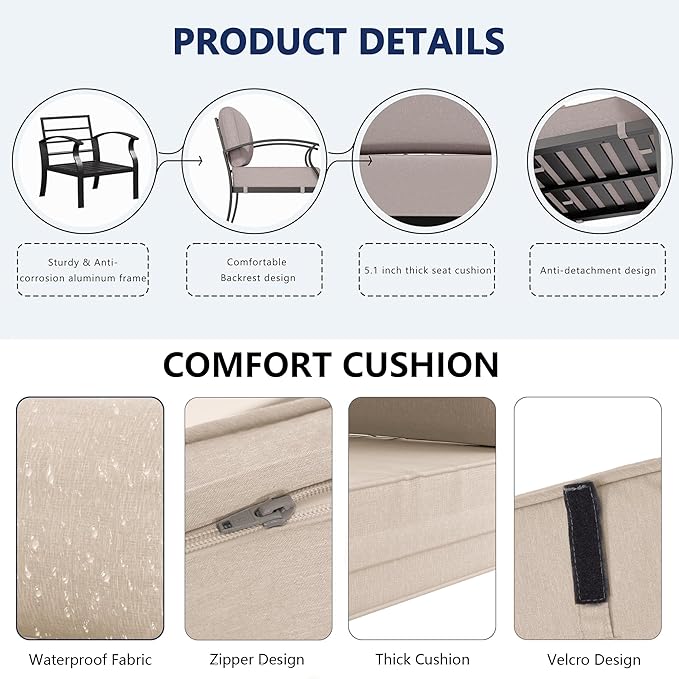 RTDTD Aluminum Outdoor Patio Furniture Set,5 Seats Patio Conversation Sets with 2 Round Coffee Tables,Metal Patio Sectional Furniture Set with 5.1" Thickened Cushions,Sand