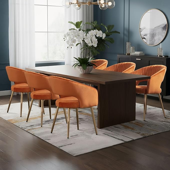 COMULER Orange Velvet Dining Chairs Gold Legs, Modern Dining Room Chairs with Arms Set of 6 Upholstered Accent Chair Armchair with Barrel Back for Kitchen Living Room