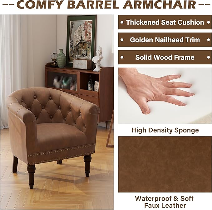 UIXE PU Leather Barrel Club Chairs Set of 4, Modern Arm Accnet Chair Comfy Upholstered Armchair, Nailhead Trim Living Room Single Sofa Reading Seat Bedroom Side Sitting for Office, Brown