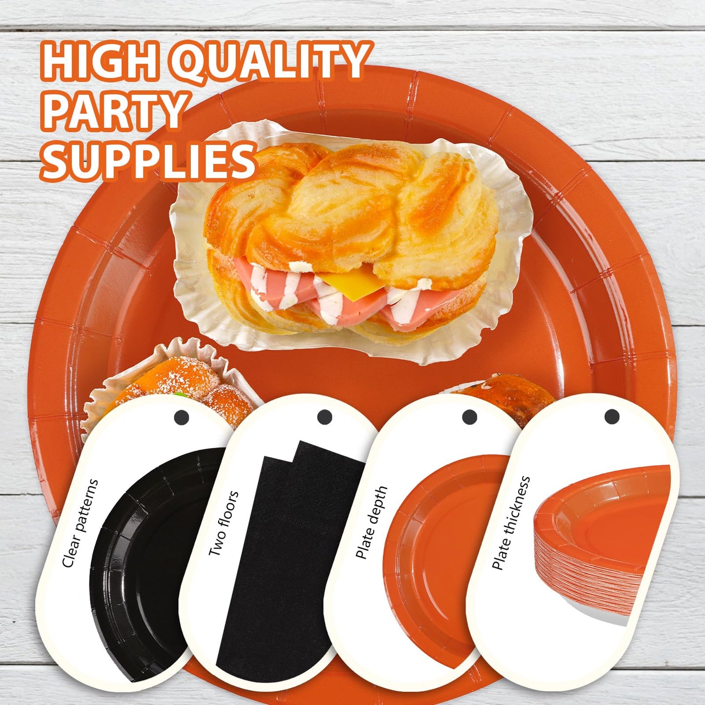 Grencian 96Pcs Orange and Black Party Decorations Orange and Black Plates and Napkins Disposable Paper Tableware Set for Birthday Wedding Baby Shower Fall Harvest Halloween Party Supplies, Serves 24
