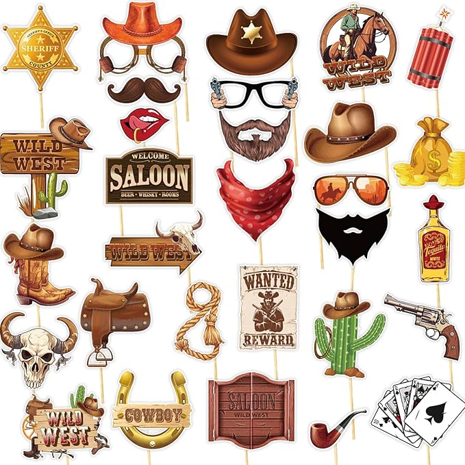 30 Pieces Western Cowboy Cowgirl Photo Booth Props Wild West Themed Party Decoration Rodeo Party Decorations with Wanted S...