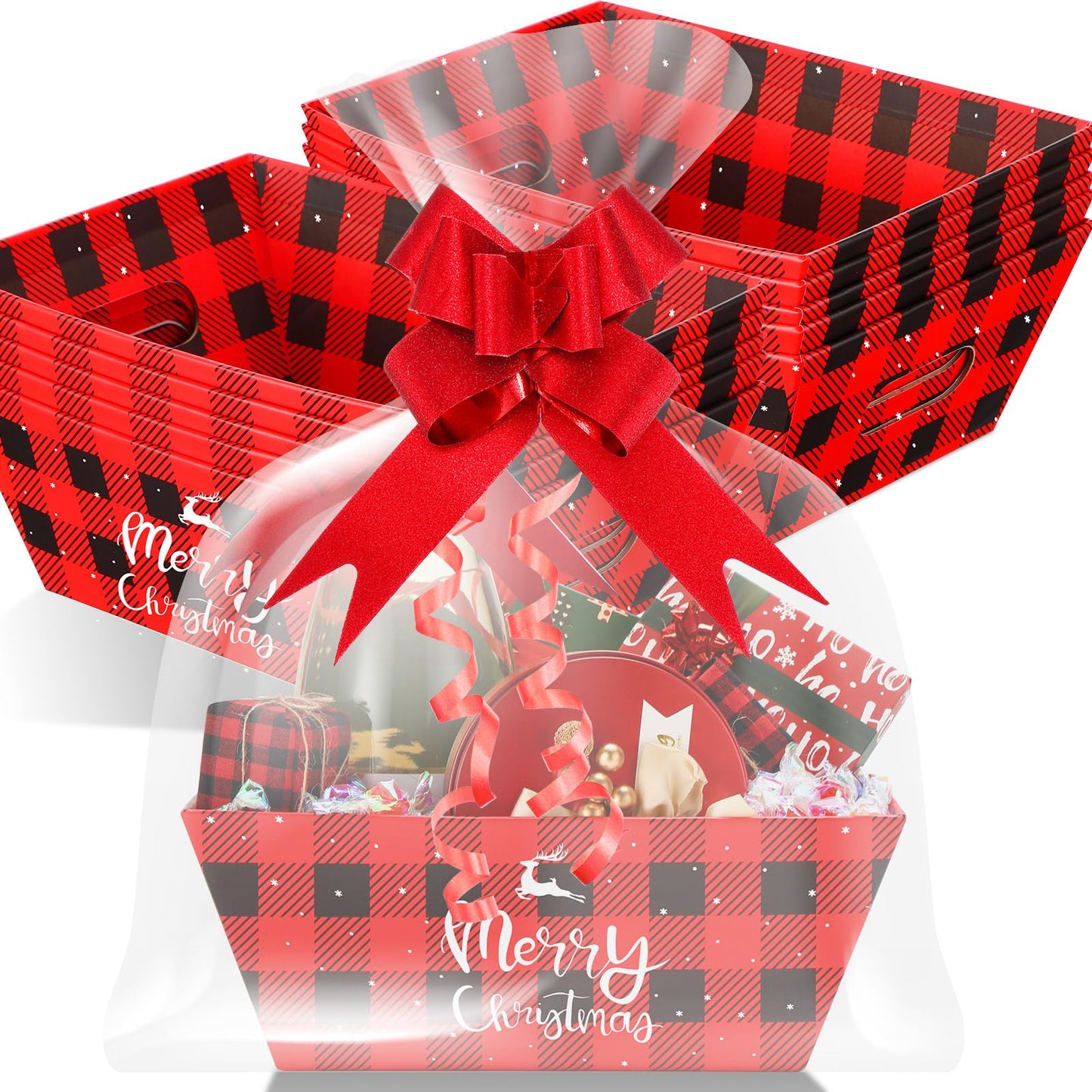 Yeaqee 36 Pcs Christmas Baskets for Gifts Empty Set Includes Buffalo Plaid Christmas Basket for Gifts to Fill, Sturdy Cardboard Baskets Bulk 12 Bags 12 Pull Bows for Xmas