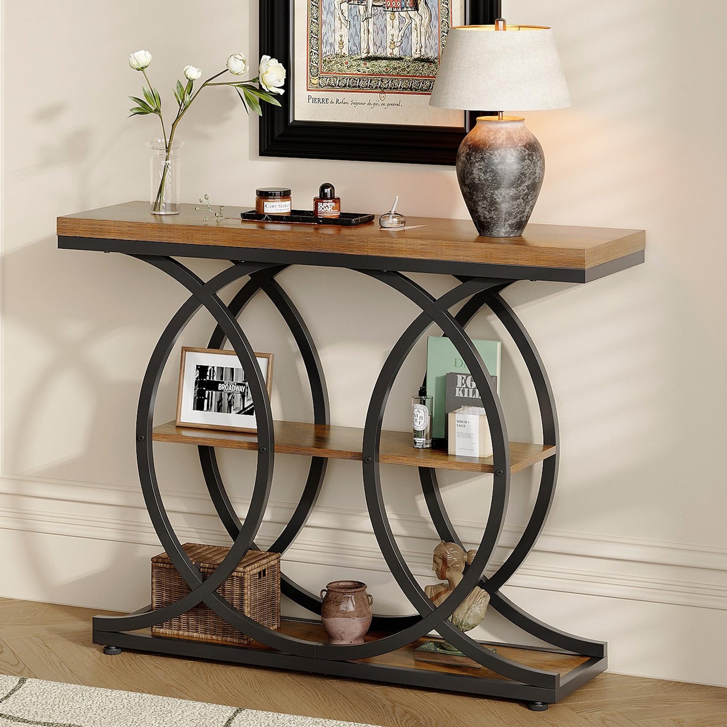 GiftGo Narrow Console Table for Entryway Industrial 3-Tier Sofa Table Behind Couch with Circle Base Wooden Accent Wall Tables with Storage Shelves for Living Room, Hallway, Foyer (Rustic Brown)