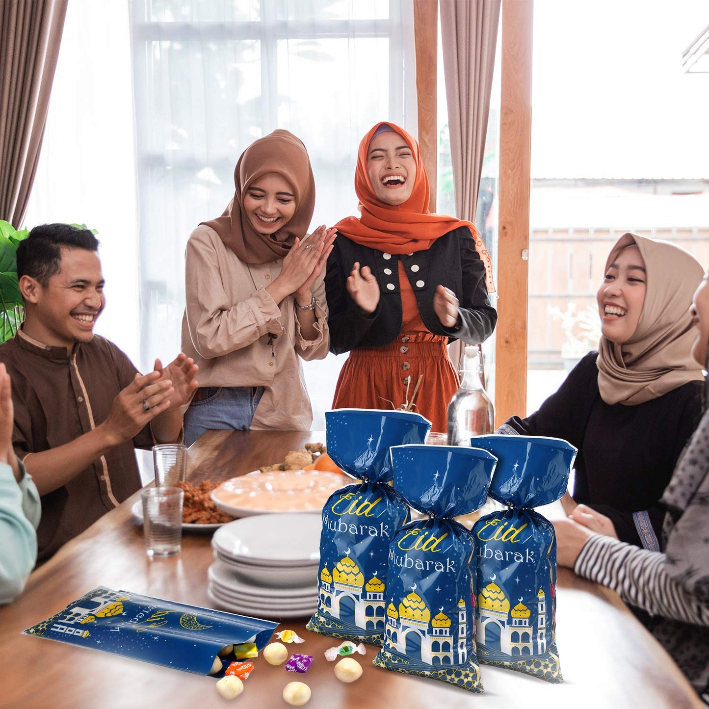 Blulu 100 Pcs Eid Mubarak Gift Bags Ramadan Decorations Clear Goodie Candy Plastic Cellophane Treat Bags with Silver Twist Ties for Eid Mubarak Party(Blue Gold)