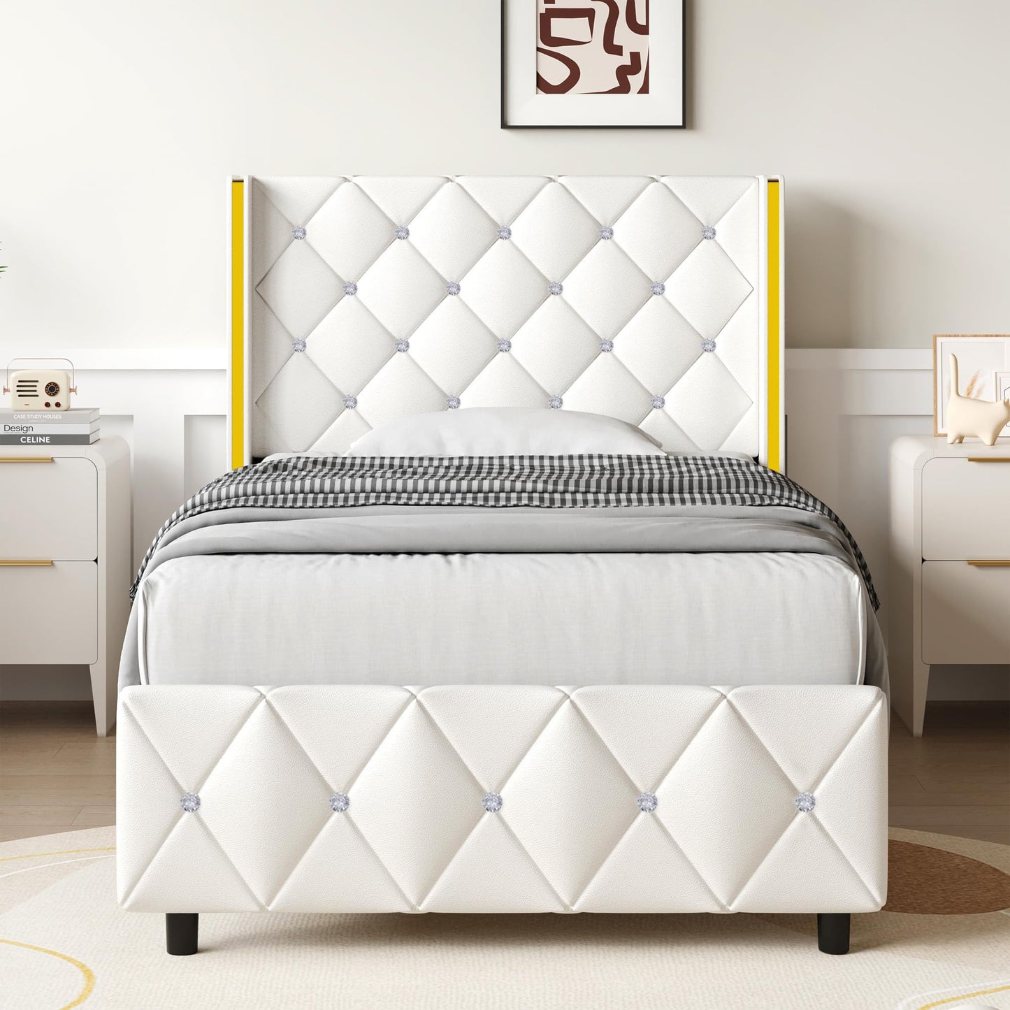 Twin Bed Frames with Headboard, Upholstered Platform Bed with Wingback Design, Modern Diamond Bed Frame with Tufted Deep Button, No Box Spring Needed, Easy Assembly, White