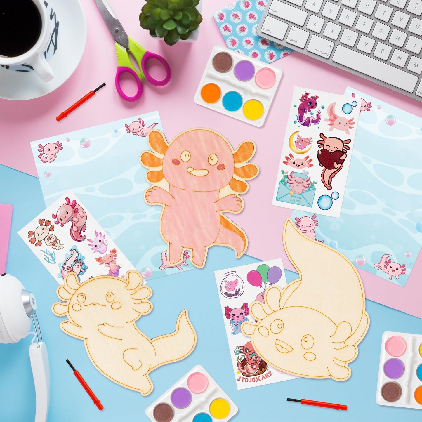 BeYumi Axolotl Party Favors Set - 24Pcs Axolotl Birthday Party Supplies Tattoo Stickers and Watercolor Paint Craft Kit Birthday School Classroom Goodie Bags Stuffers Prize Gifts for Kids Girls Toddler