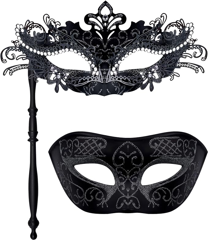SIQUK Couple Masquerade Masks with Stick Venetian Party Mask Halloween Costume Carnival Mask for Couples Women and Men