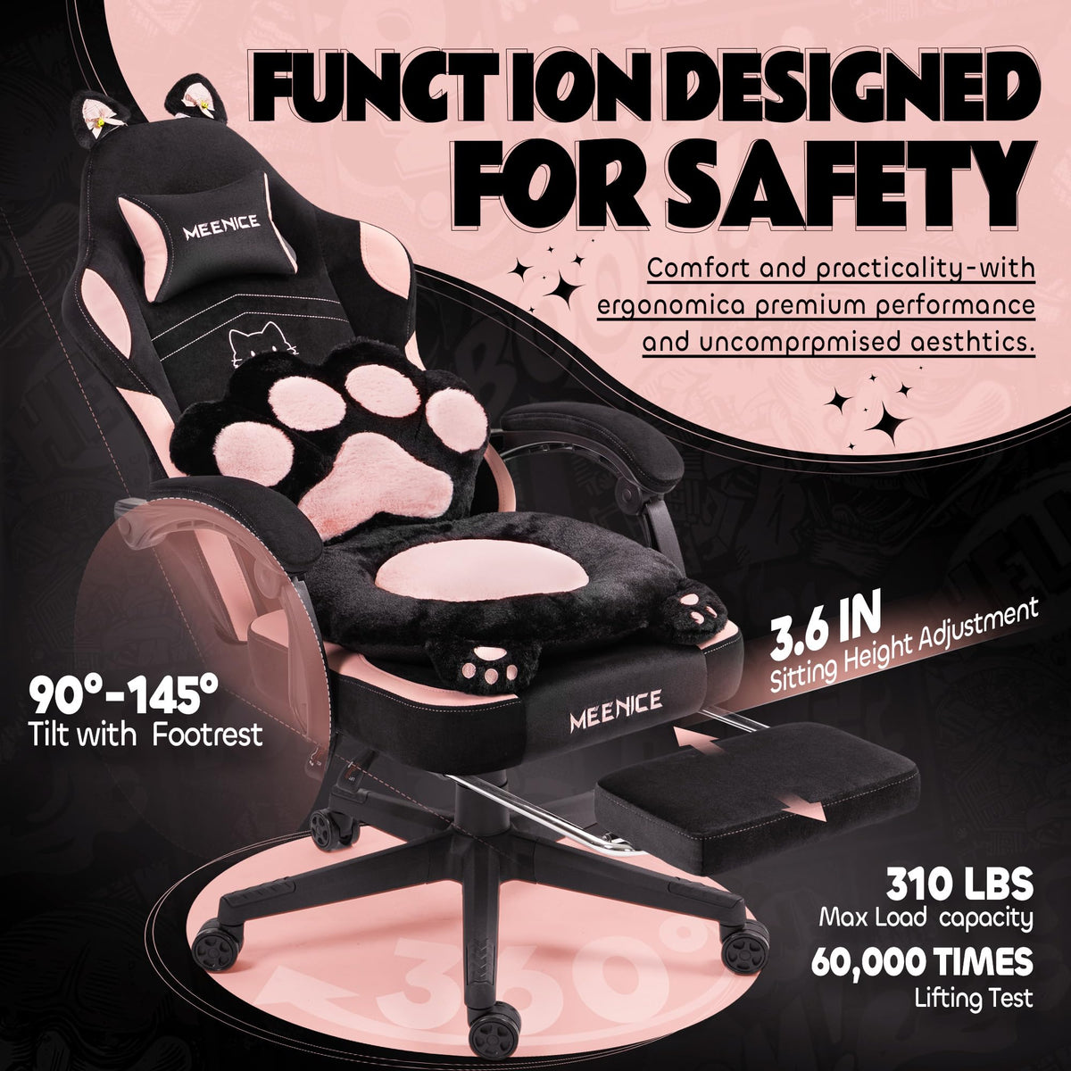 Pink Gaming Chair Cute with Cat Ears Paw Lumbar and Cushion,Ergonomic Computer Chair with Footrest,Reclining PC Game Chair for Girl Computer Chair 300lbs for Adult