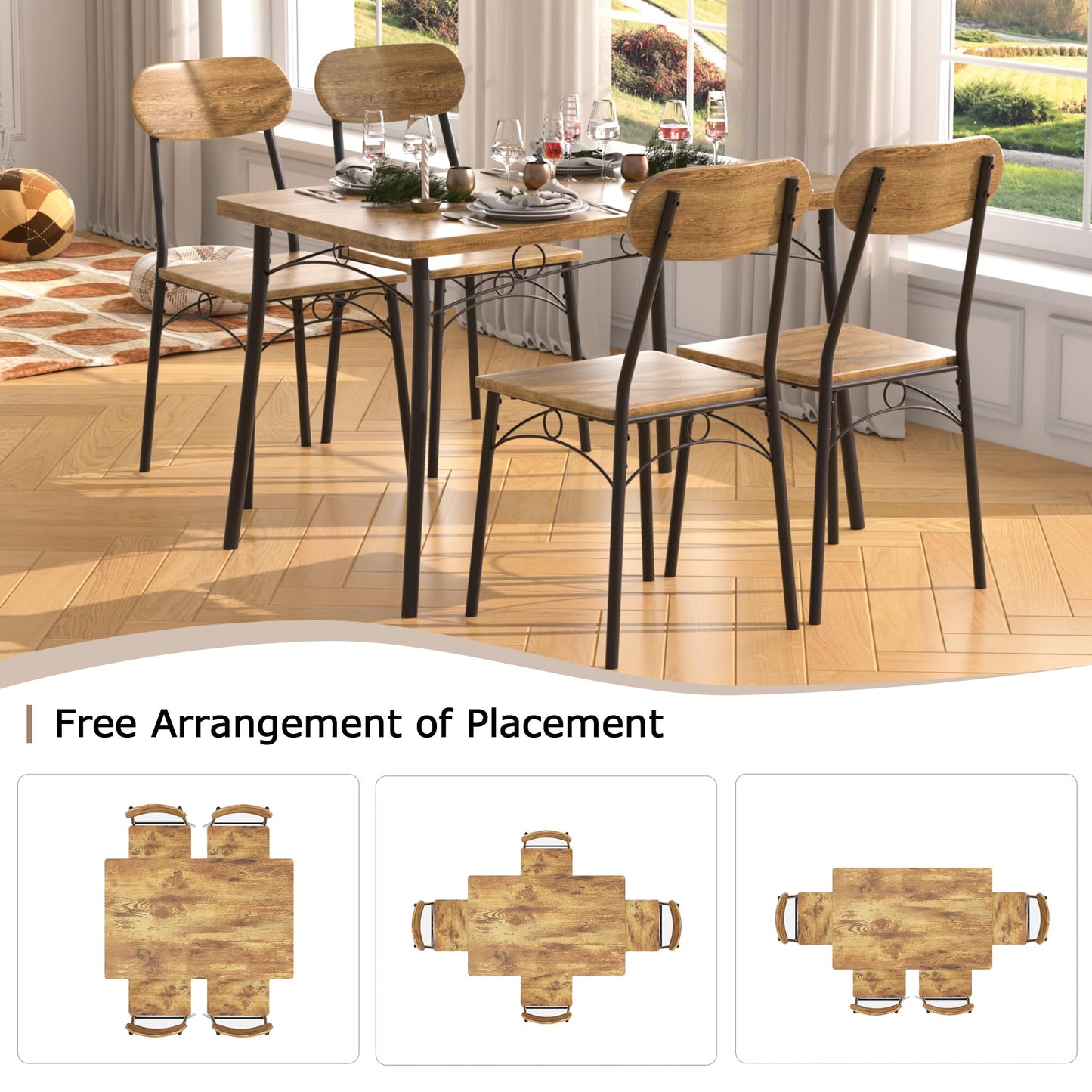 VECELO Kitchen Table Chairs Set for 4, 5 Piece Wood Dining Room Table with 4 Chairs, Perfect for Small Spaces, Compact Kitchen, Breakfast Nook, Brown