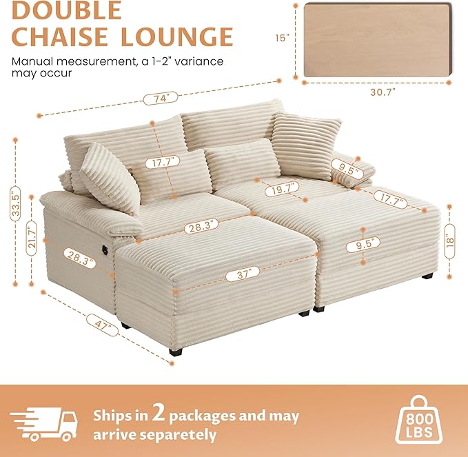 SUNWAVE 74" W Double Chaise Lounge Chair Indoor, Oversized Loveseat with Storage Ottoman, Corduroy Couch with USB Charging, Removable Ottoman, and Coffee Table Cushions for Living Room Bedroom