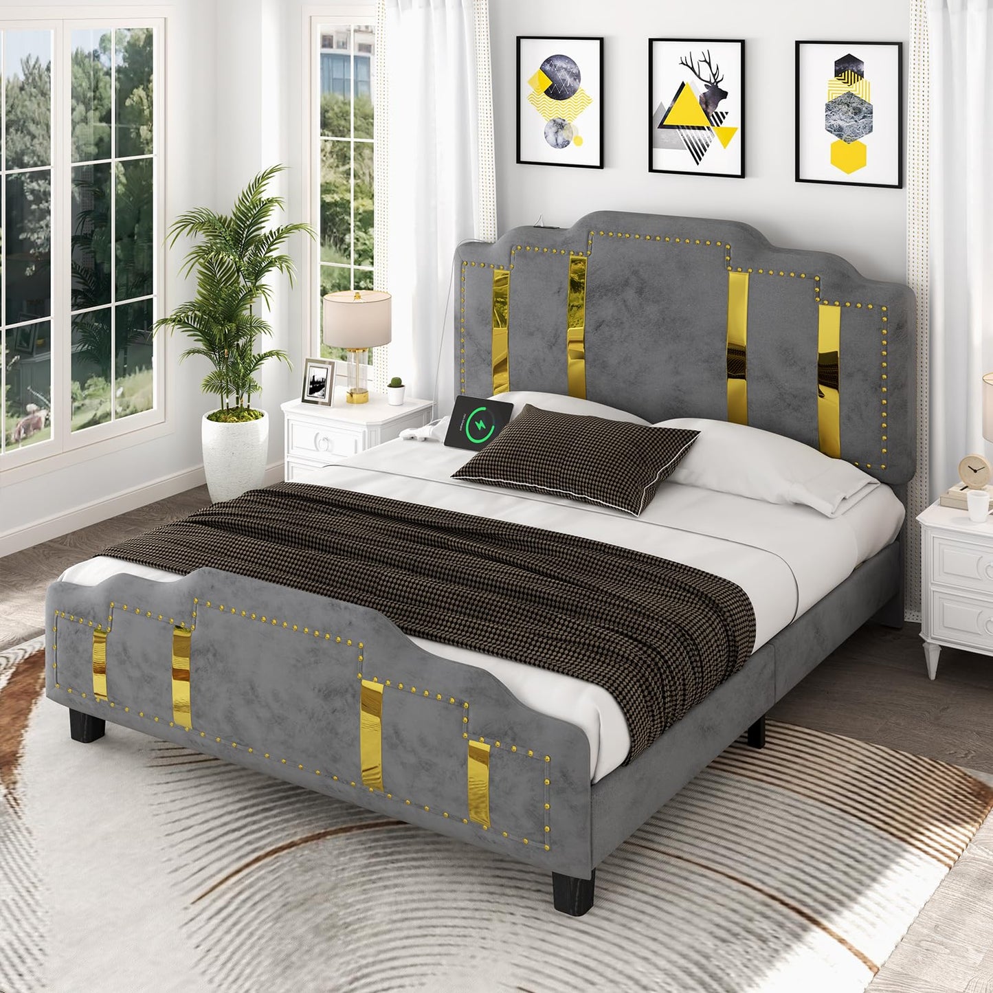 Full Size Bed Frame with Headboard, Velvet Upholstered Platform Bed Frame with Charging Station, Nailhead Trim & Shiny Decor, Solid Wood Slats Support, No Box Spring Needed, Easy Assembly, Grey