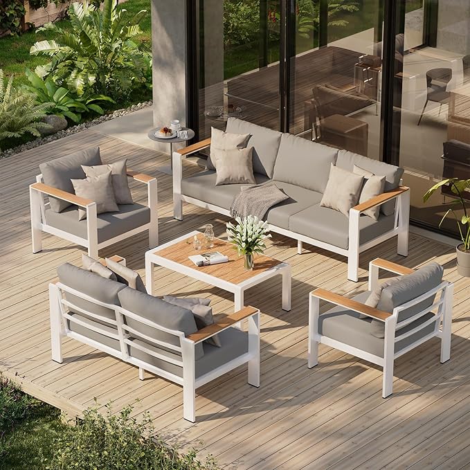 Oasbira Aluminum Outdoor Patio Furniture Set with Coffee Table, 5 Piece Patio Conversation Sets with Washable Thick Cushions, Patio Sectional Furniture Set for Porch, Balcony, Deck, White