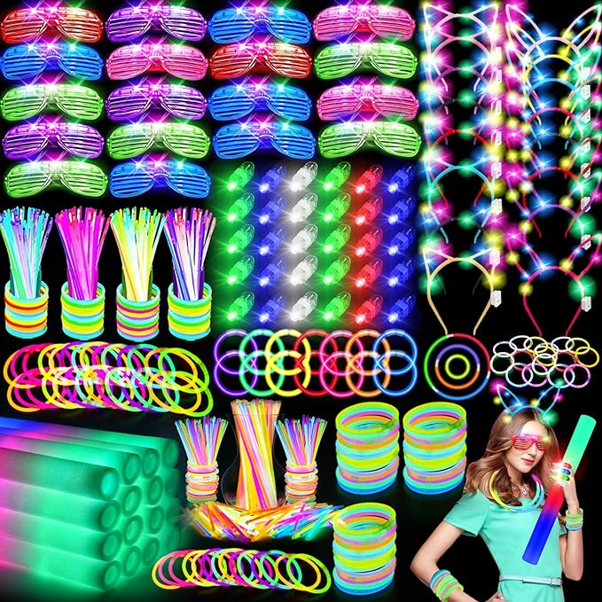 OLUPP 282 PCS Glow in the Dark Party Supplies, 18 Foam Sticks, 18 LED Glasses, 200 Glow Sticks, 30 Finger Lights, 8 Bunny ...
