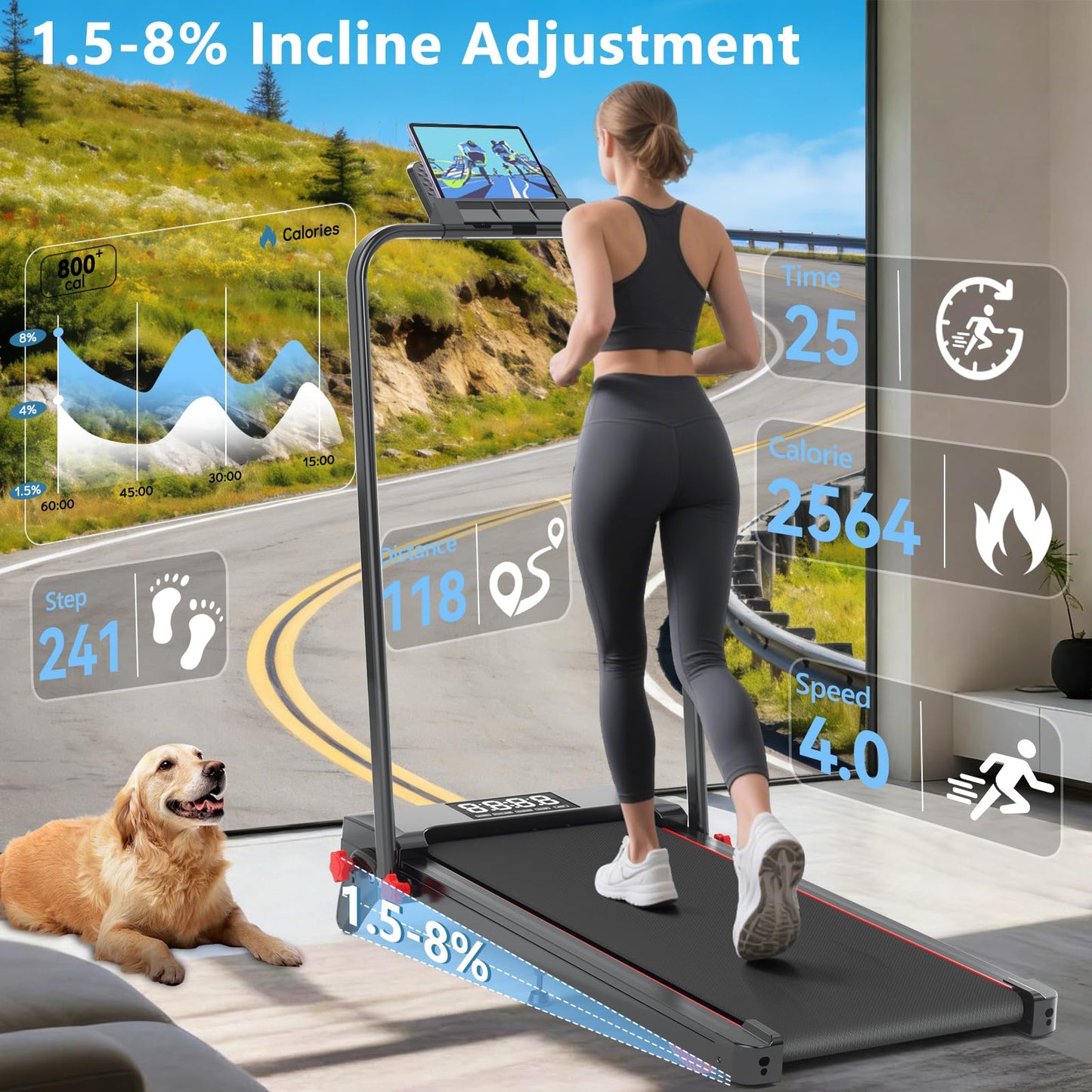 Ecogou Walking Pad with Handle Bar and Incline, 3 in 1 Under Desk Treadmill with Hiking Mode, 2.5HP Low Noise Walking Treadmill Pad with Remote Control,Portable Treadmills for Home Office, Led Display