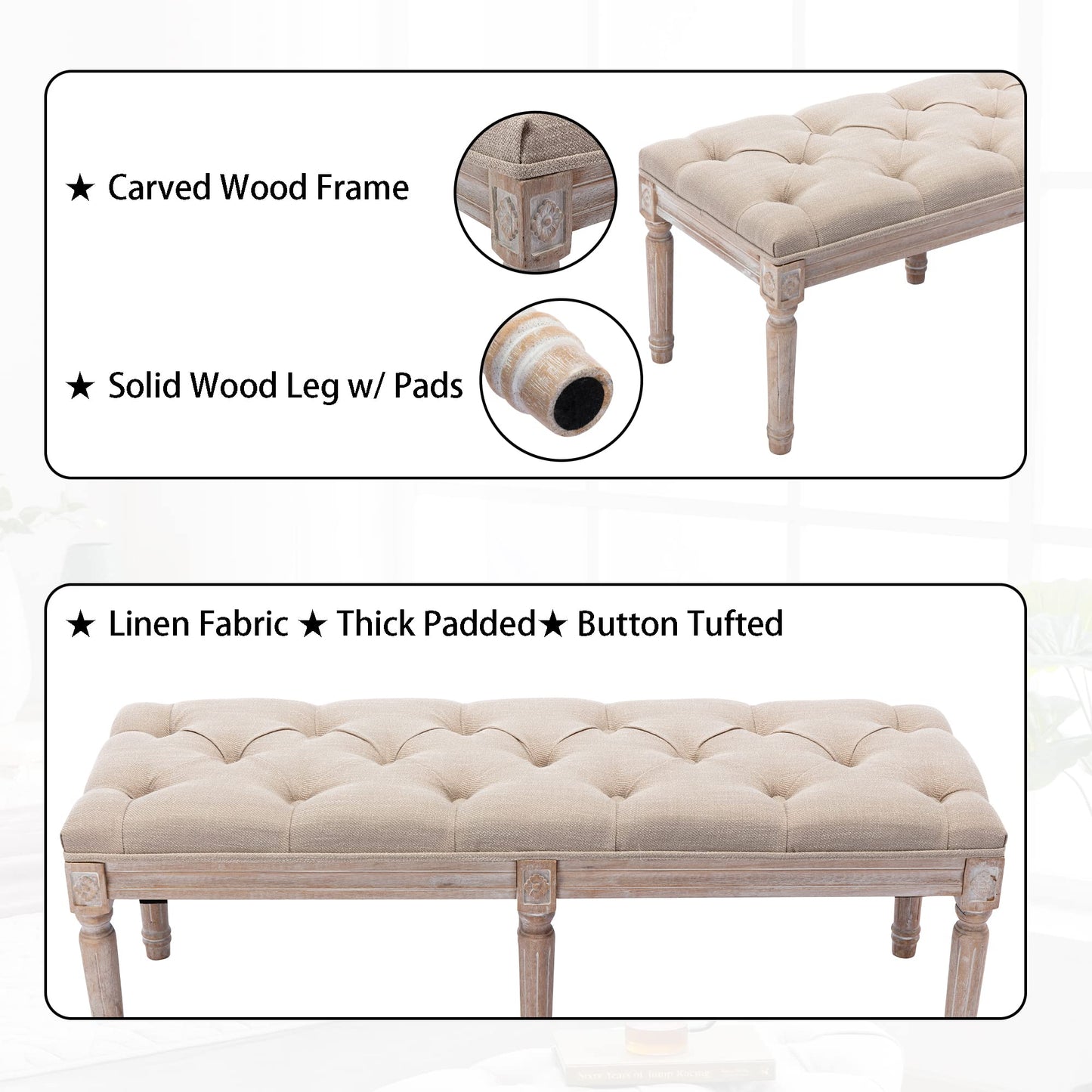 DM Furniture Tufted Dining Bench French Vintage Fabric Upholstered Wood Dining Room Bench Rustic Entryway Bench Bedroom End Bed Bench, Beige 48" Long