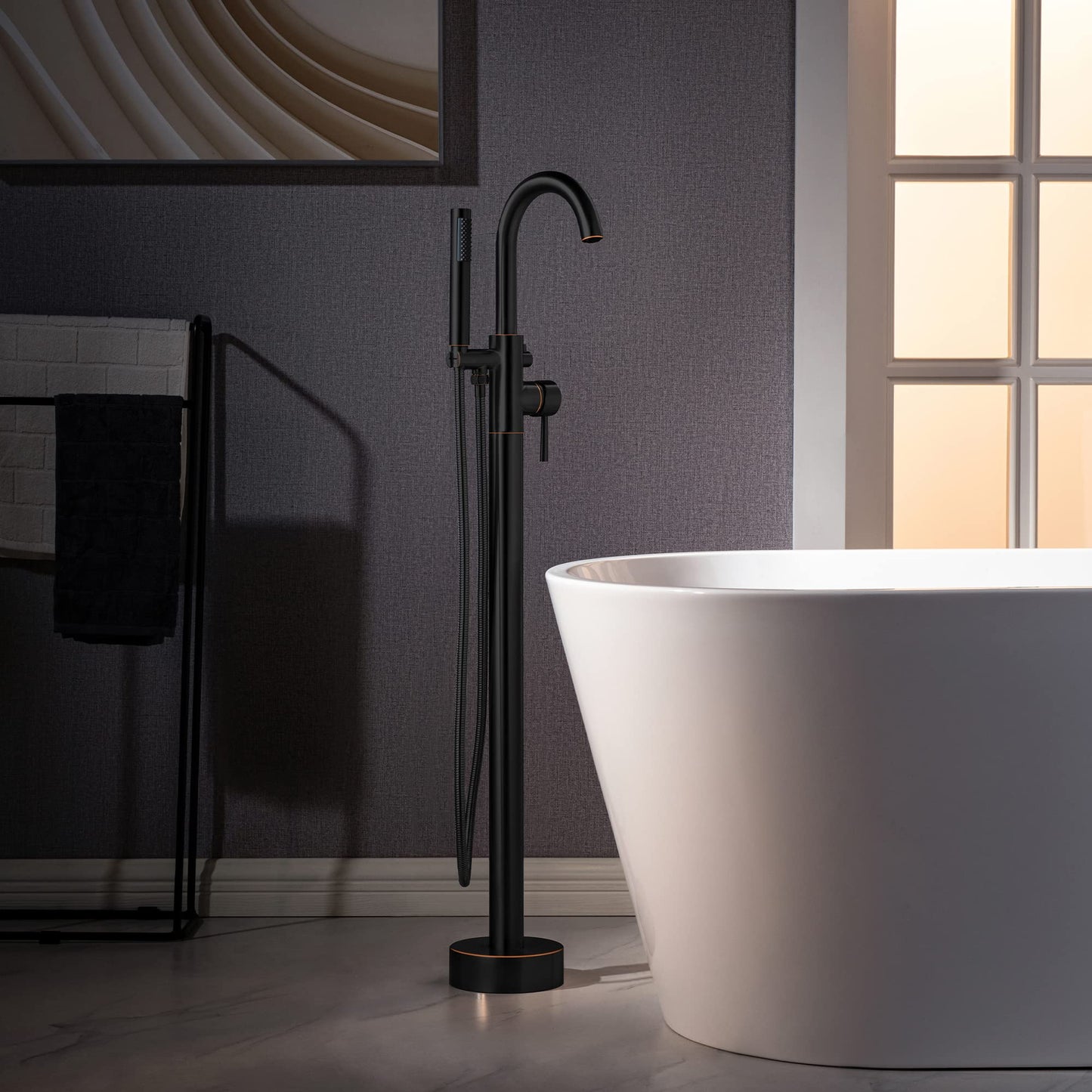 WOODBRIDGE F0027ORBRD WOODBRIDGEE High Flow Rate 8 GPM Freestanding Tub Filler Faucet with Hand Shower, Oil-Rubbed Bronze