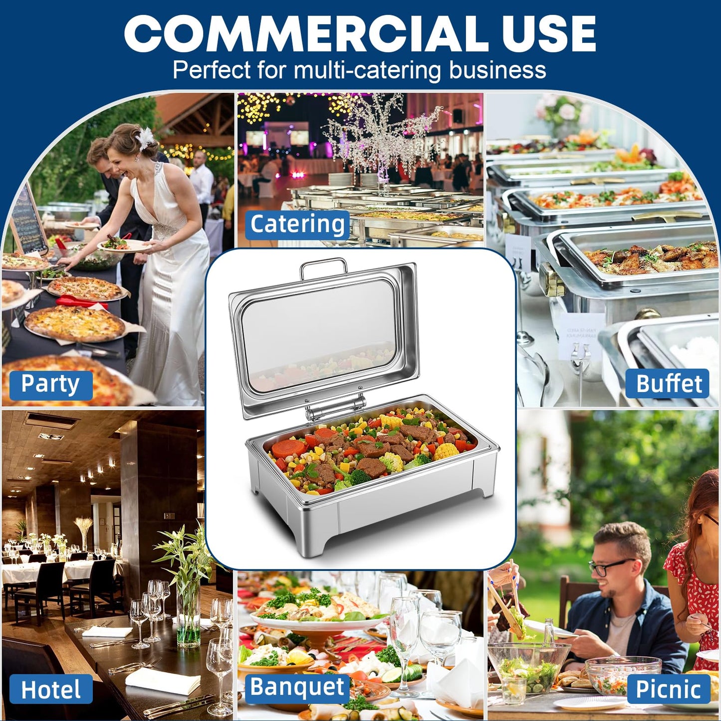 Electric Chafing Dish Buffet Server Set, Stainless Steel Full Size & Half-Size &Three-Section Food Pan with Temp Control, Roll Top Stainless Steel Food Warmers for Catering Buffet (A-01)