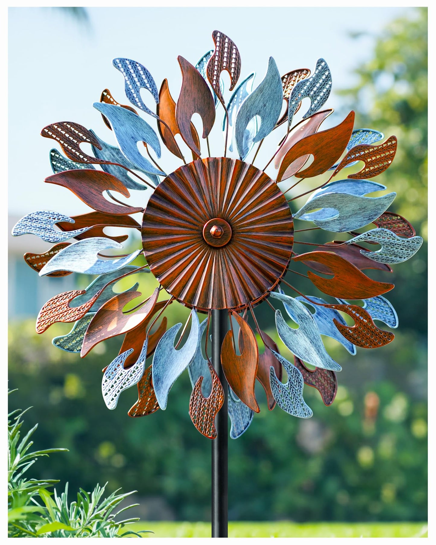 Cyan Oasis Wind Spinners Yard Garden - Large Wind Sculptures & Spinners with Stake, Kinetic Metal Windmill Spinner Decor for Garden Lover (22" W x 83“ H)