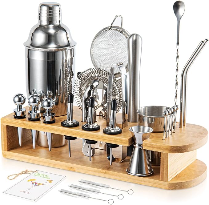 Semderm Cocktail Shaker Set Mixology Bartender Kit with Bamboo Stand | 26-Piece Cocktail Kit Bar Set with All Essential Ba...