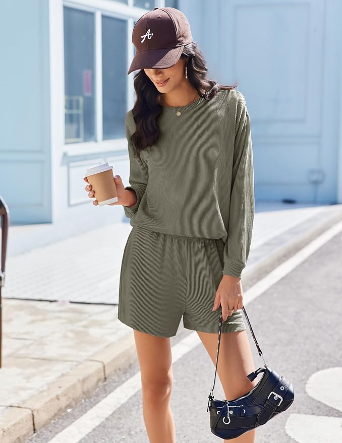 Ekouaer 2 Pieces Lounge Set for Women Long Sleeve Pajamas Top and Shorts Matching Sets Outfits with Pockets