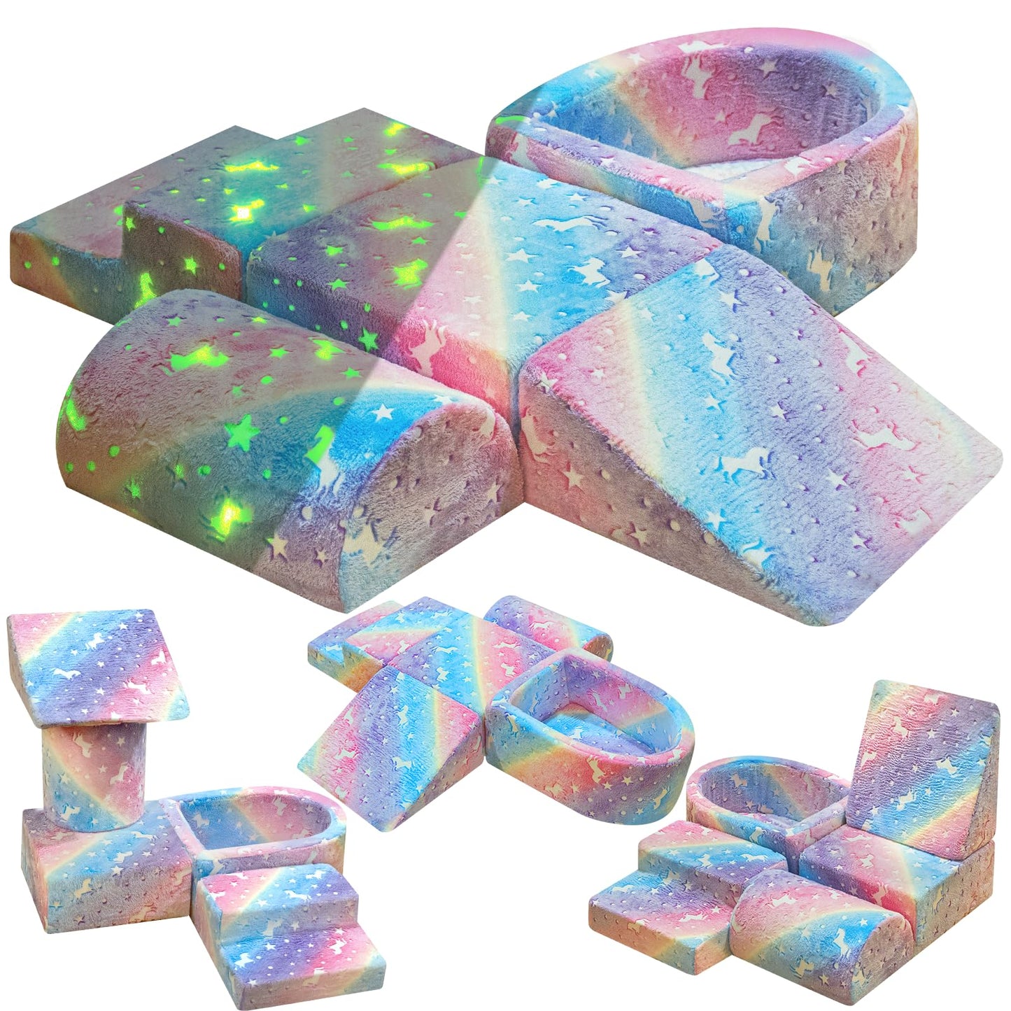 Lamerge Kids Couch, 5-in1 Modular Sectional Toddler Playing Sofa, Glow-in-The-Dark Convertible Foam Couch, Multi-Combination, Ages 1-6, Develop Hands-on Skills and Imagination (Color Unicorn, A)