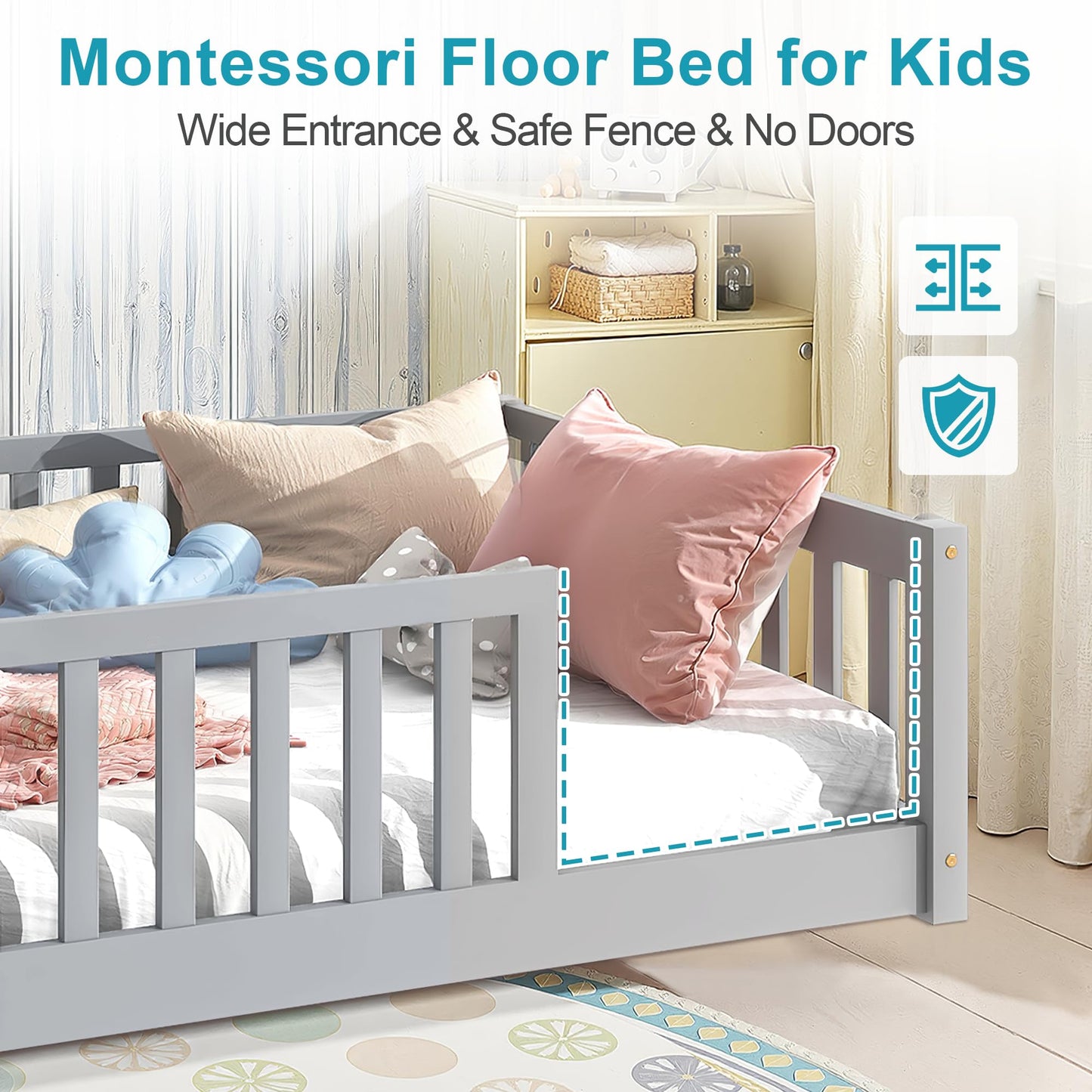 Lyngins Twin Size Floor Bed for Kids Montessori Bed Frame with Wood Slats, High Fence Floor Bedframe Twin Beds for Boys, Girls, No Doors, Gray